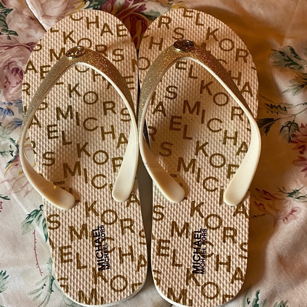 Michael Kors Gold and Cream Flip Flops